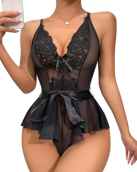 Akbeniz - Akbeniz Kadın Fantezi Babydoll Dantel Gecelik T001 Siyah