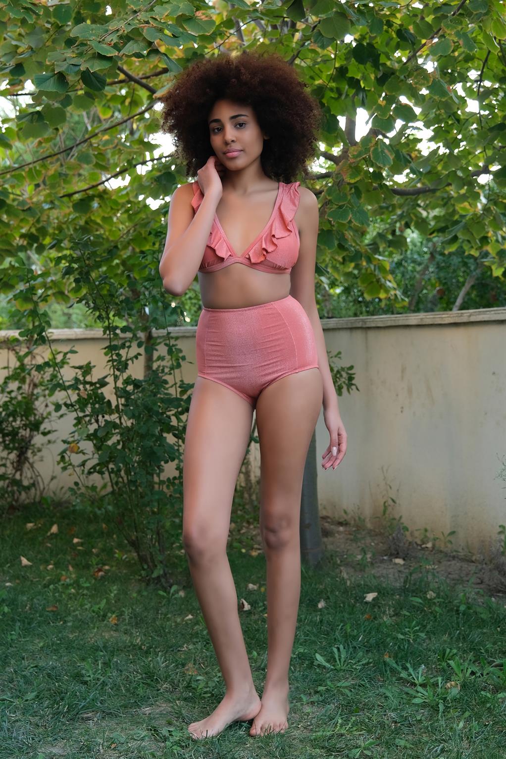 Moda Çizgi Kadın Fırfırlı Yüksek Bel Kiremit Alt Üst Bikini Takım 35010 - 46 | Kiremit