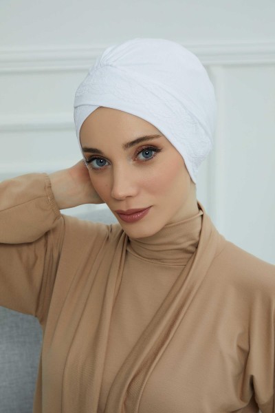 Moda Çizgi - Lacy Combed Cotton Bonnet,B-22 White