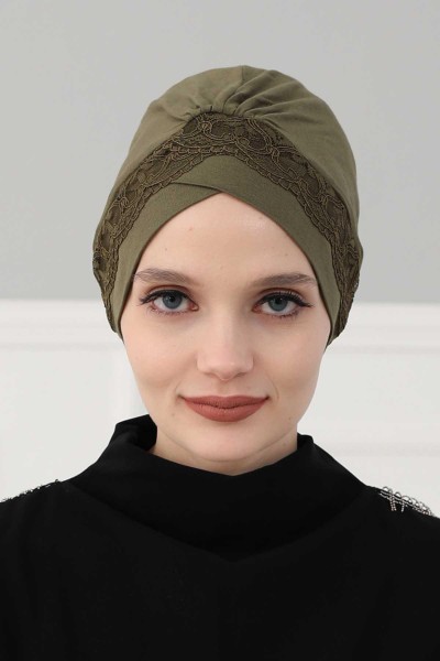 Moda Çizgi - Lacy Combed Cotton Bonnet, B-22 Khaki Green