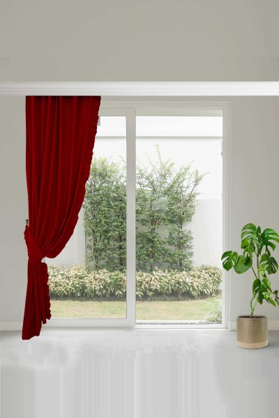 Moda Çizgi - Ruffle Border Background Curtain Left Side 245x140 cm, PR-2SOL Red