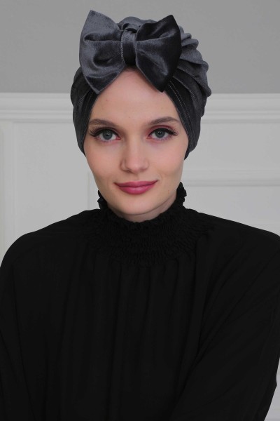 Moda Çizgi - Bow Velvet Bonnet,B-27K Anthracite