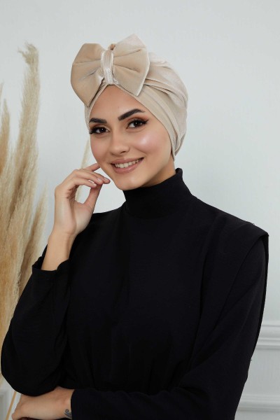 Moda Çizgi - Bow Velvet Bonnet,B-27K Beige