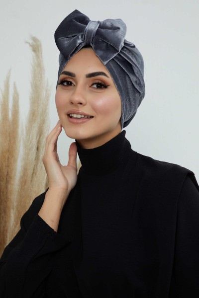 Moda Çizgi - Bow Velvet Bonnet,B-27K Gray