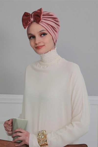 Moda Çizgi - Bow Velvet Bonnet,B-27K Dusty Rose