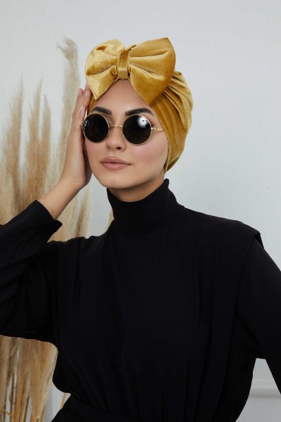 Moda Çizgi - Bow Velvet Bonnet,B-27K Mustard