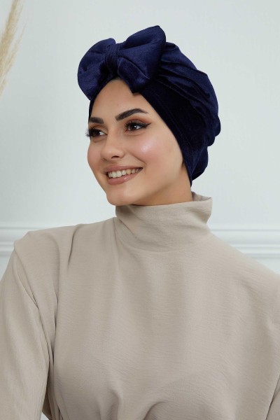 Moda Çizgi - Bow Velvet Bonnet,B-27K Navy Blue