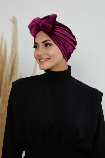 Moda Çizgi - Bow Velvet Bonnet,B-27K Purple