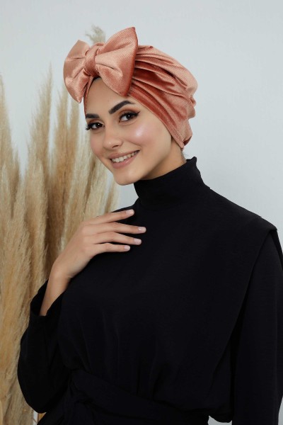 Moda Çizgi - Bow Velvet Bonnet,B-27K Salmon