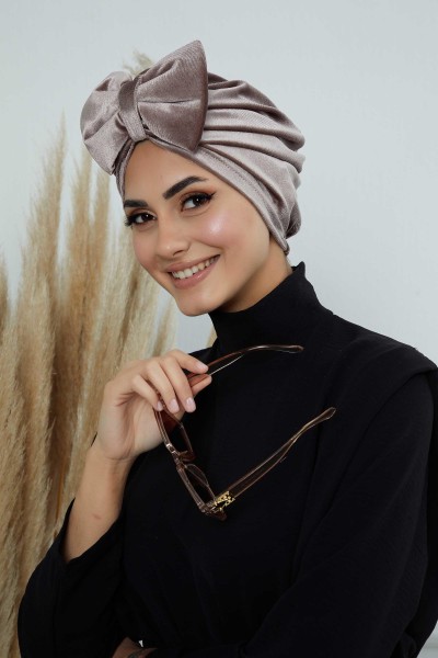 Moda Çizgi - Bow Velvet Bonnet,B-27K Mink