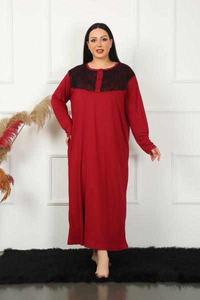 Moda Çizgi - Moda Çizgi Big Long Sleeve Lace Claret Red Mother Nightgown 1355