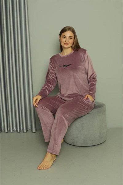 Moda Çizgi - Moda Çizgi Büyük Beden Kadın Kadife Mor Pijama Takım 20628