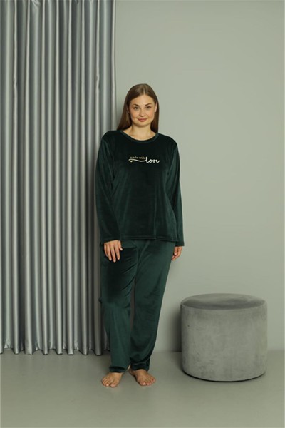 Moda Çizgi - Moda Çizgi Büyük Beden Kadın Kadife Yeşil Pijama Takım 20628