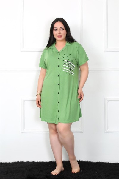 Moda Çizgi - Moda Çizgi Büyük Beden Penye Düğmeli Yeşil Tunik Gecelik 1025