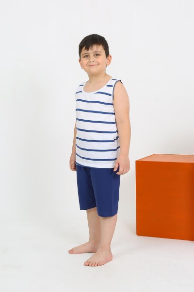 Moda Çizgi - Moda Çizgi Erkek Çocuk Sıfır Kol Şortlu Beyaz Penye Pijama Takımı 20435