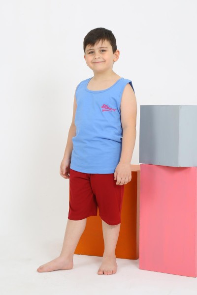 Moda Çizgi - Moda Çizgi Erkek Çocuk Sıfır Kol Şortlu Mavi Penye Pijama Takımı 20434