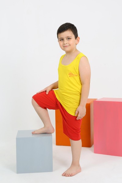 Moda Çizgi - Moda Çizgi Erkek Çocuk Sıfır Kol Şortlu Sarı Penye Pijama Takımı 20434