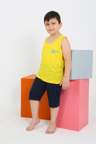 Moda Çizgi - Moda Çizgi Erkek Çocuk Sıfır Kol Şortlu Sarı Penye Pijama Takımı 20435