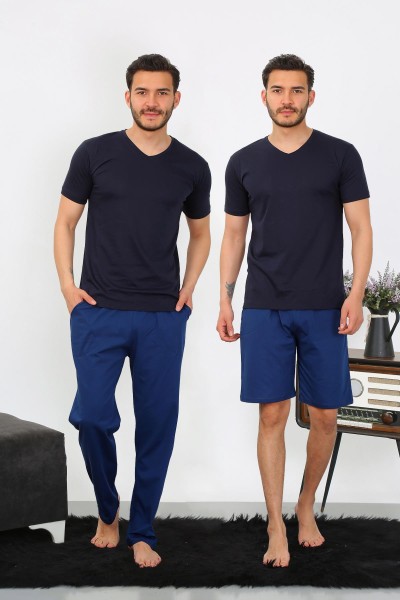 Moda Çizgi - Moda Çizgi Men's Combed Cotton 3-Piece Navy Blue V-Neck Pajama Set 6822