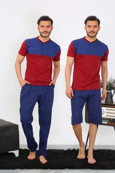 Moda Çizgi - Moda Çizgi Men's Combed Cotton 3-Piece Parliament Blue Piece Pajama Set 6823