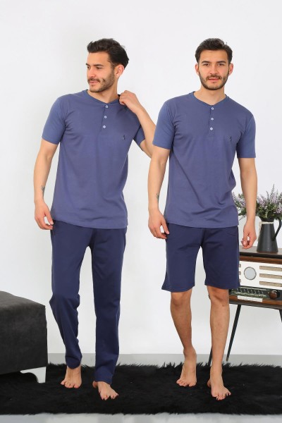 Moda Çizgi - Moda Stripe Men's Combed Cotton 3-Piece Pajama Set Indigo 6824