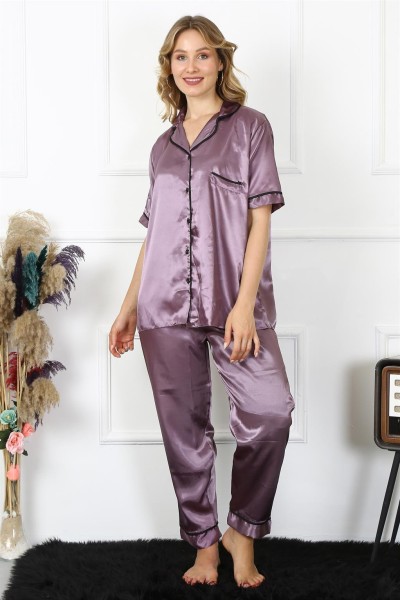 Moda Çizgi - Moda Çizgi Kadın Büyük Beden Mor Saten Pijama Takımı 10303