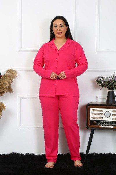 Moda Çizgi - Moda Çizgi Kadın Büyük Beden Pamuklu Cepli Düğmeli Fuşya Pijama Takım 202401