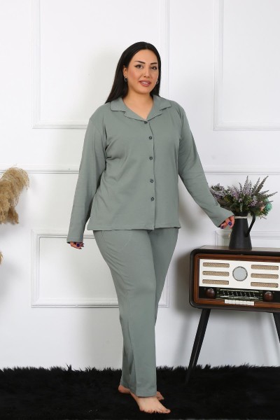 Moda Çizgi - Moda Çizgi Kadın Büyük Beden Pamuklu Cepli Düğmeli Haki Pijama Takım 202401