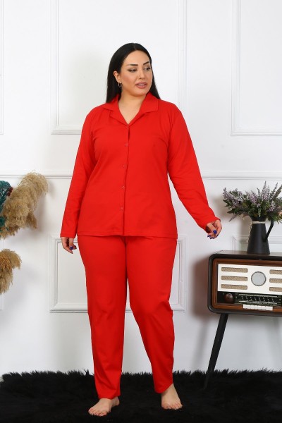 Moda Çizgi - Moda Çizgi Kadın Büyük Beden Pamuklu Cepli Düğmeli Kırmızı Pijama Takım 202401