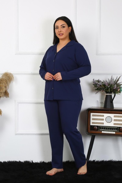 Moda Çizgi - Moda Çizgi Kadın Büyük Beden Pamuklu Cepli Düğmeli Lacivert Pijama Takım 202401