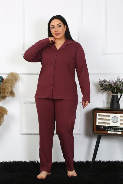 Moda Çizgi - Moda Çizgi Kadın Büyük Beden Pamuklu Cepli Düğmeli Mürdüm Pijama Takım 202401