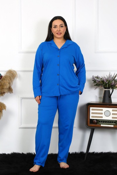 Moda Çizgi - Moda Çizgi Kadın Büyük Beden Pamuklu Cepli Düğmeli Saks Pijama Takım 202401