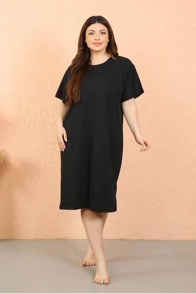 Moda Çizgi - Moda Çizgi Women's Plus Size Combed Cotton Short Sleeve Black Nightgown 12502