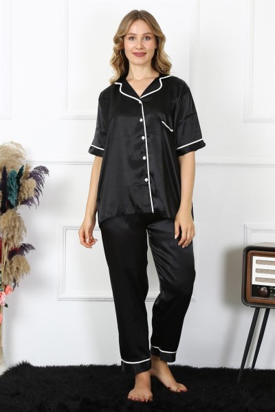 Moda Çizgi - Moda Çizgi Kadın Büyük Beden Siyah Saten Pijama Takımı 10303
