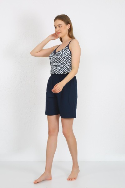 Moda Çizgi - Moda Çizgi Women's Rope Strap Cotton Combed Shorts Suit Navy Blue 3621