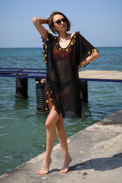 Moda Çizgi - فستان شاطئ نسائي مخطط من Fashion Stripe Tunic Pareo Beach باللون الأسود 38045