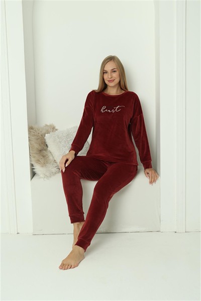 Moda Çizgi - Moda Çizgi Kadın Kadife Bordo Pijama Takım 20624