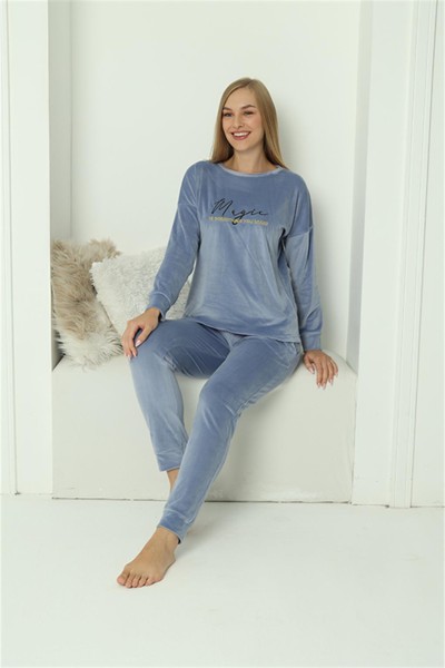 Moda Çizgi - Moda Çizgi Kadın Kadife Mavi Pijama Takım 20624