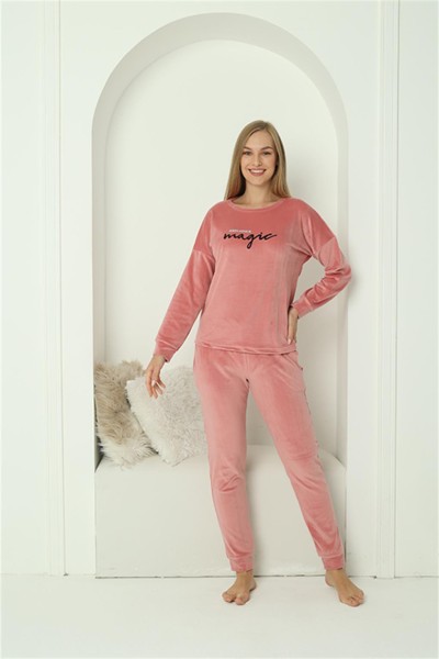 Moda Çizgi - Moda Çizgi Kadın Kadife Pembe Pijama Takım 20624