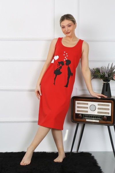 Moda Çizgi - Moda Çizgi Kadın Kalın Askılı Penye Uzun Kırmızı Gecelik 12001