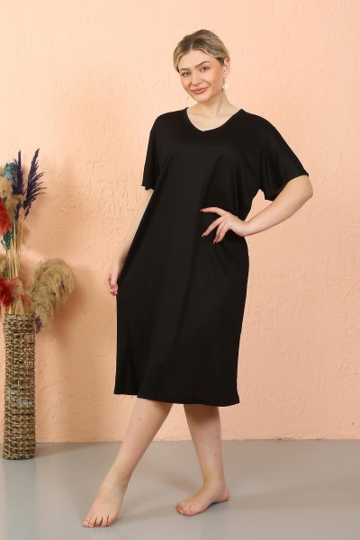 Moda Çizgi - Moda Çizgi Women's Short Sleeve Below Knee Over Size Black Home Dress - Nightgown 93410