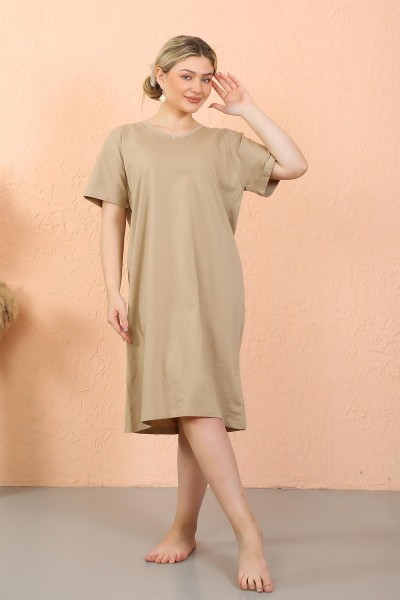 Moda Çizgi - Moda Çizgi Women's Short Sleeve Below Knee Over Size Mink Home Dress - Nightgown 93410