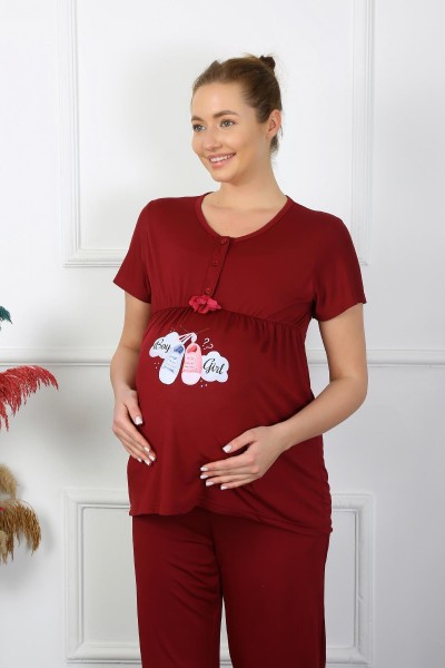 Moda Çizgi - Moda Çizgi Women's Short Sleeve Maternity Maternity Pajama Set Claret Red 45210