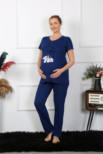 Moda Çizgi - Moda Çizgi Women's Short Sleeve Pregnant Maternity Pajama Set Navy Blue 45210