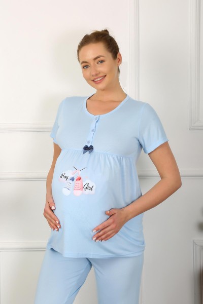 Moda Çizgi - Moda Çizgi Women's Short Sleeve Pregnant Maternity Pajama Set Blue 45210