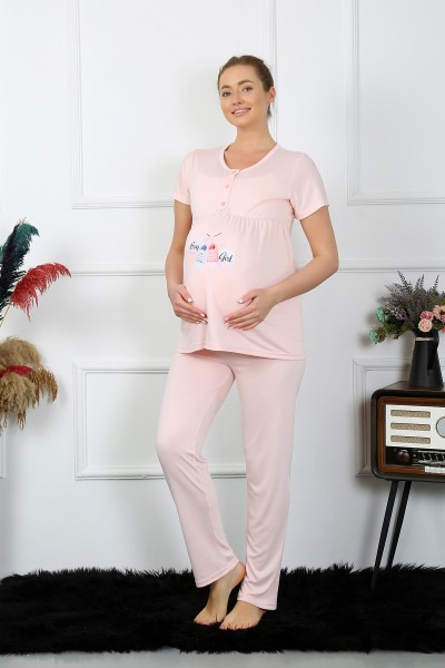 Moda Çizgi - Moda Çizgi Women's Short Sleeve Pregnant Maternity Pajama Set Powder 45210