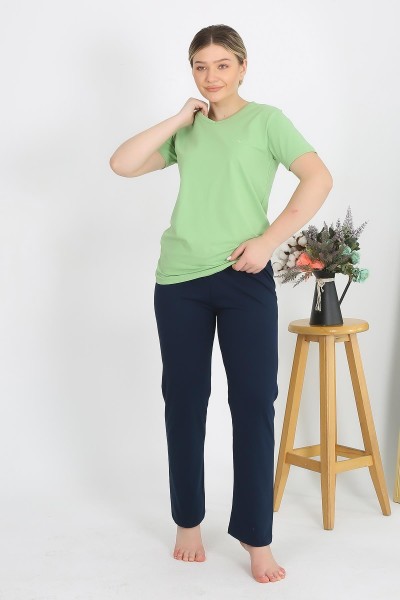 Moda Çizgi - Moda Çizgi Kadın Kısa Kol Pamuk Penye Pijama Takım Fıstık Yeşili 4215