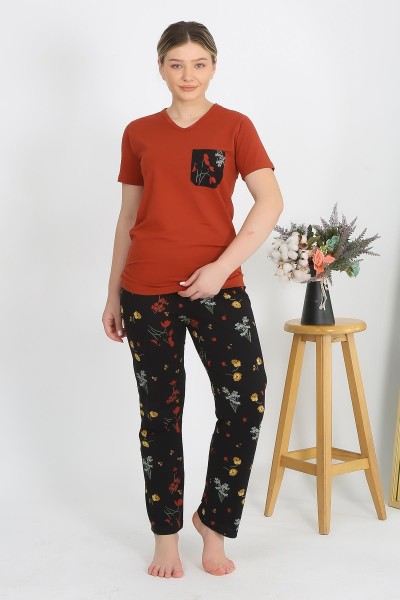 Moda Çizgi - Moda Çizgi Kadın Kısa Kol Pamuk Penye Pijama Takım Kremit 4214