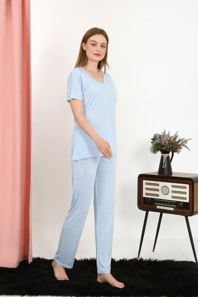 Moda Çizgi - Moda Çizgi Women's Short Sleeve Cotton Combed Pajama Set Blue 4213