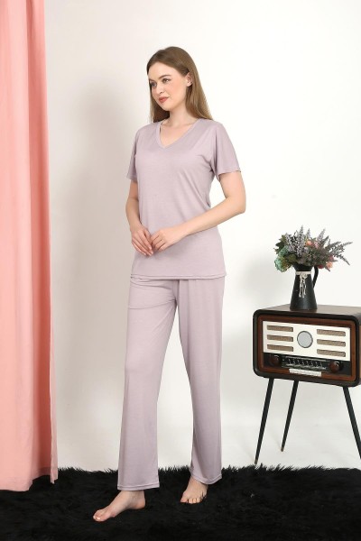 Moda Çizgi - Moda Çizgi Kadın Kısa Kol Pamuk Penye Pijama Takım Pudra 4213